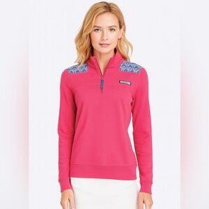 Vineyard Vines S Pink Feather Print Shep Shirt Half Zip Pullover Sweater